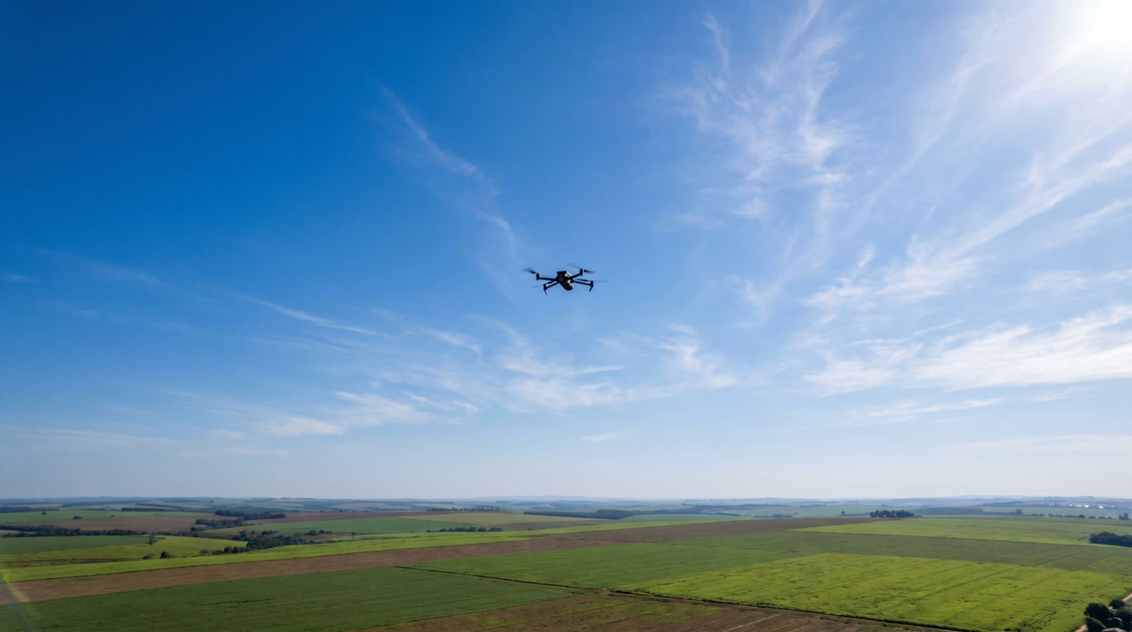 Drone pairando bem alto no céu aberto sobre area rural, dando a sensacao do teto de altura