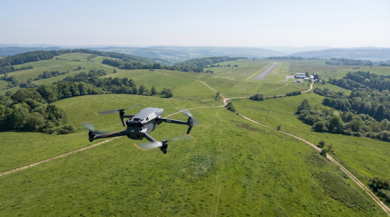 Drone voando sobre terreno com a pista de um aeroporto ao fundo, ilustrando a distancia minima