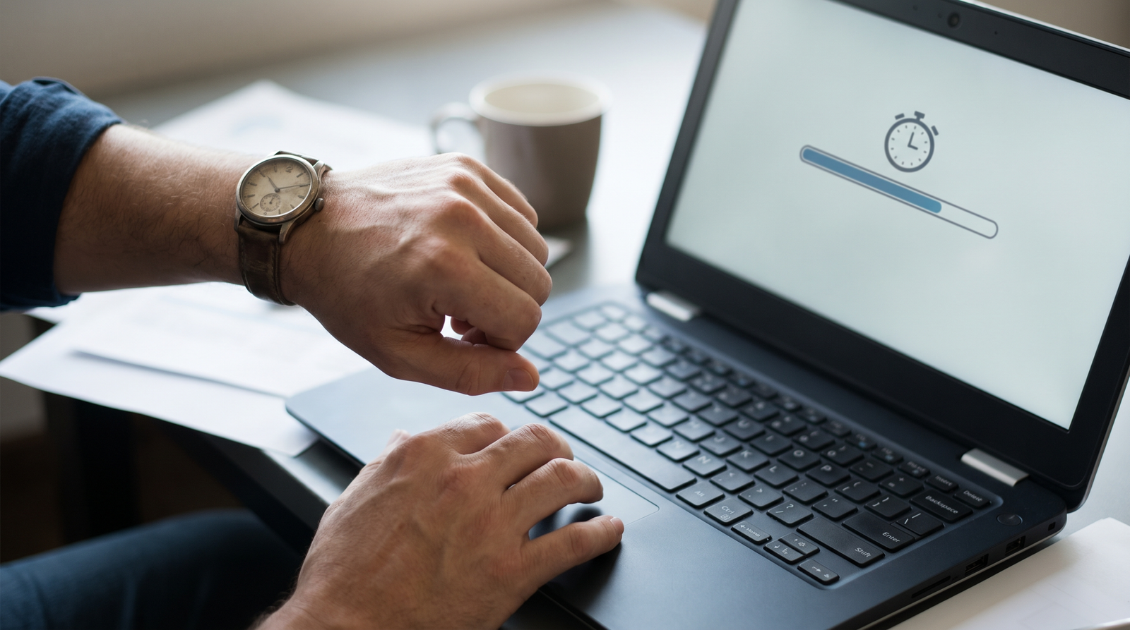 Pessoa de olho no relógio durante a prova online, lembrando o tempo cronometrado