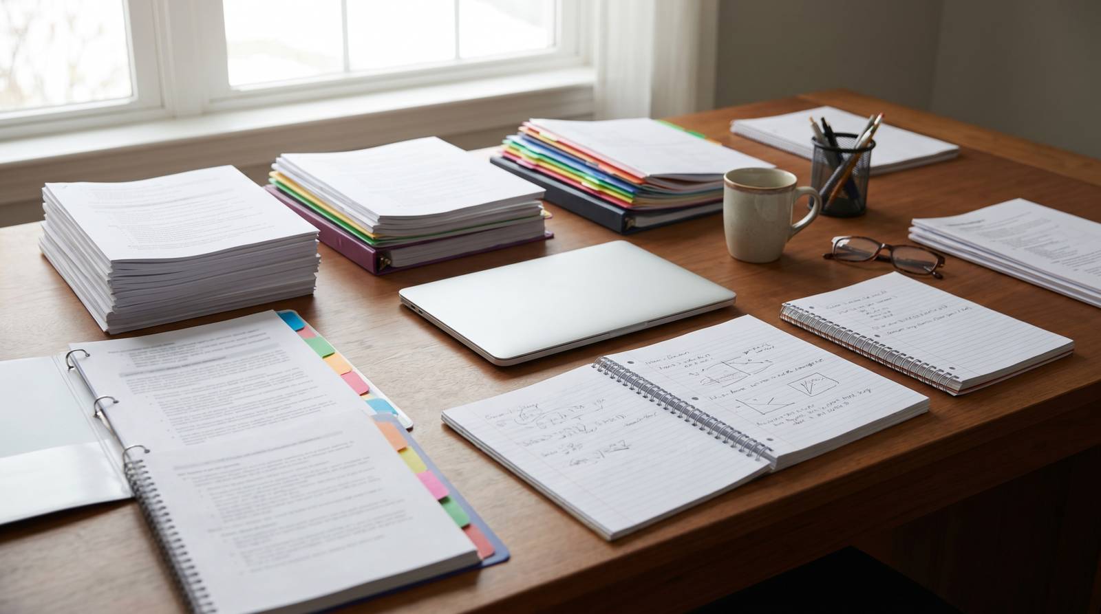 Material de estudo organizado por temas sobre a mesa ao lado do notebook