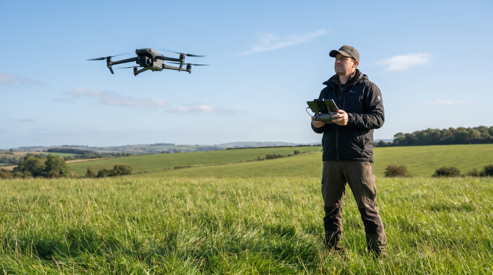 Piloto confiante operando o drone em campo aberto, com domínio das regras