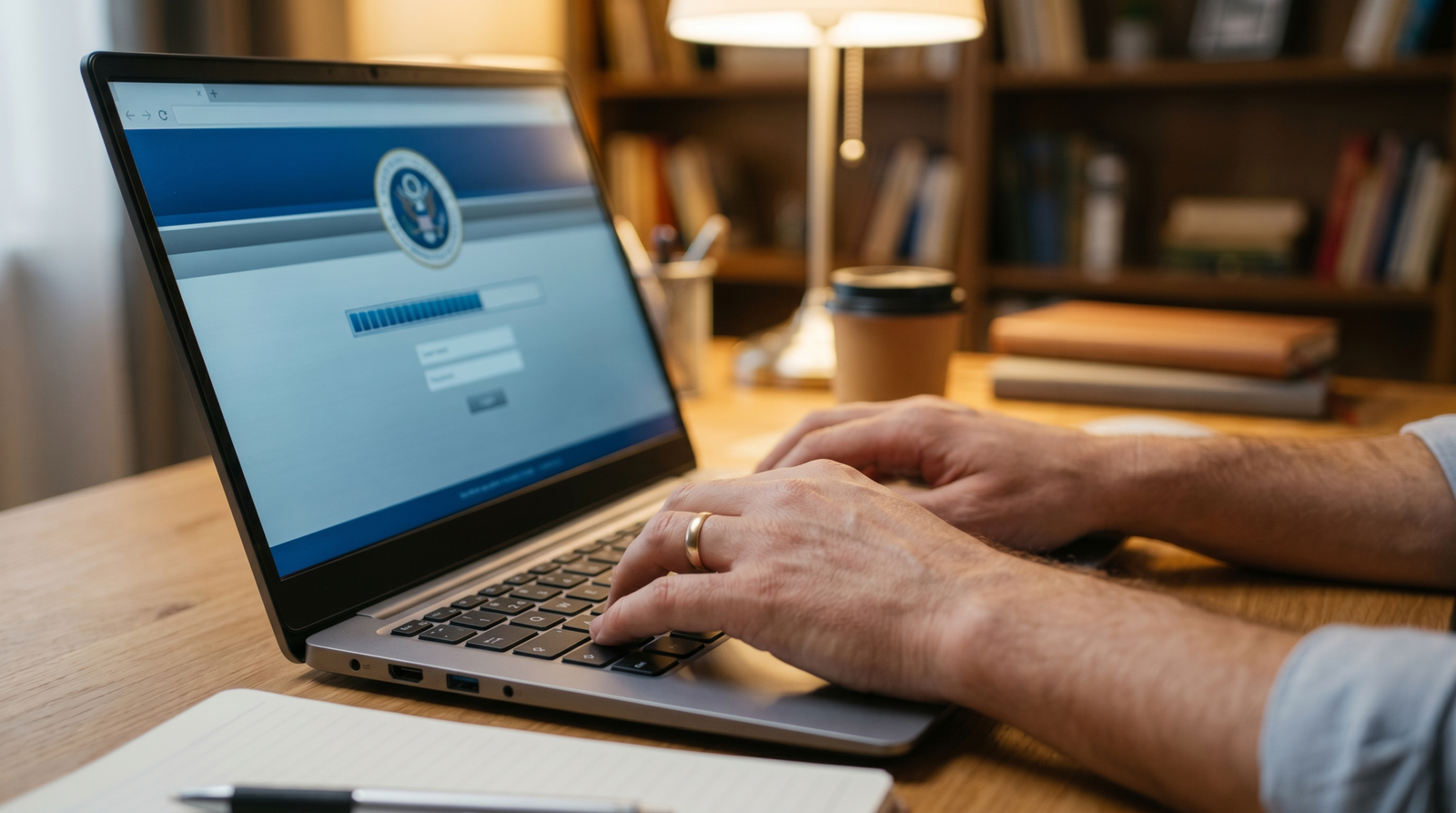 Pessoa acessando o portal de capacitação online no notebook para fazer a prova