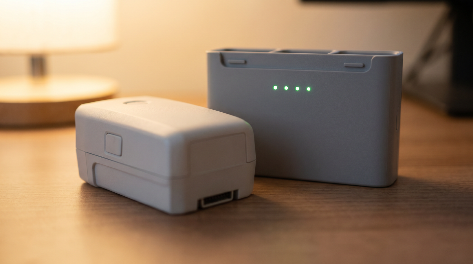 Bateria do drone no hub de carregamento com os LEDs piscando