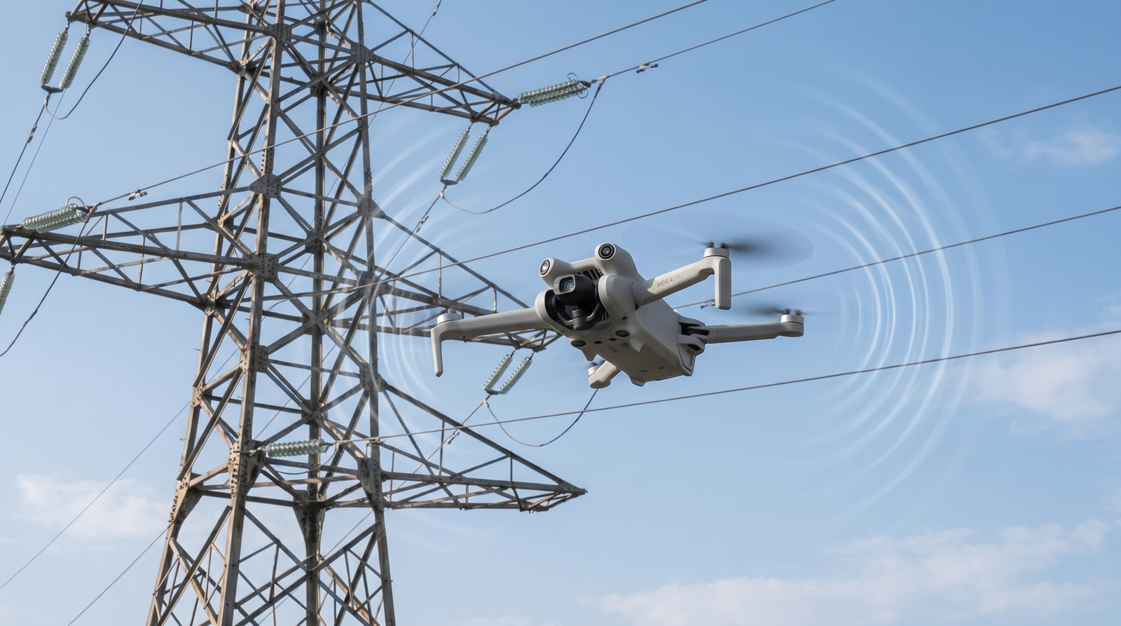 Drone perto de estrutura metalica e linhas de energia