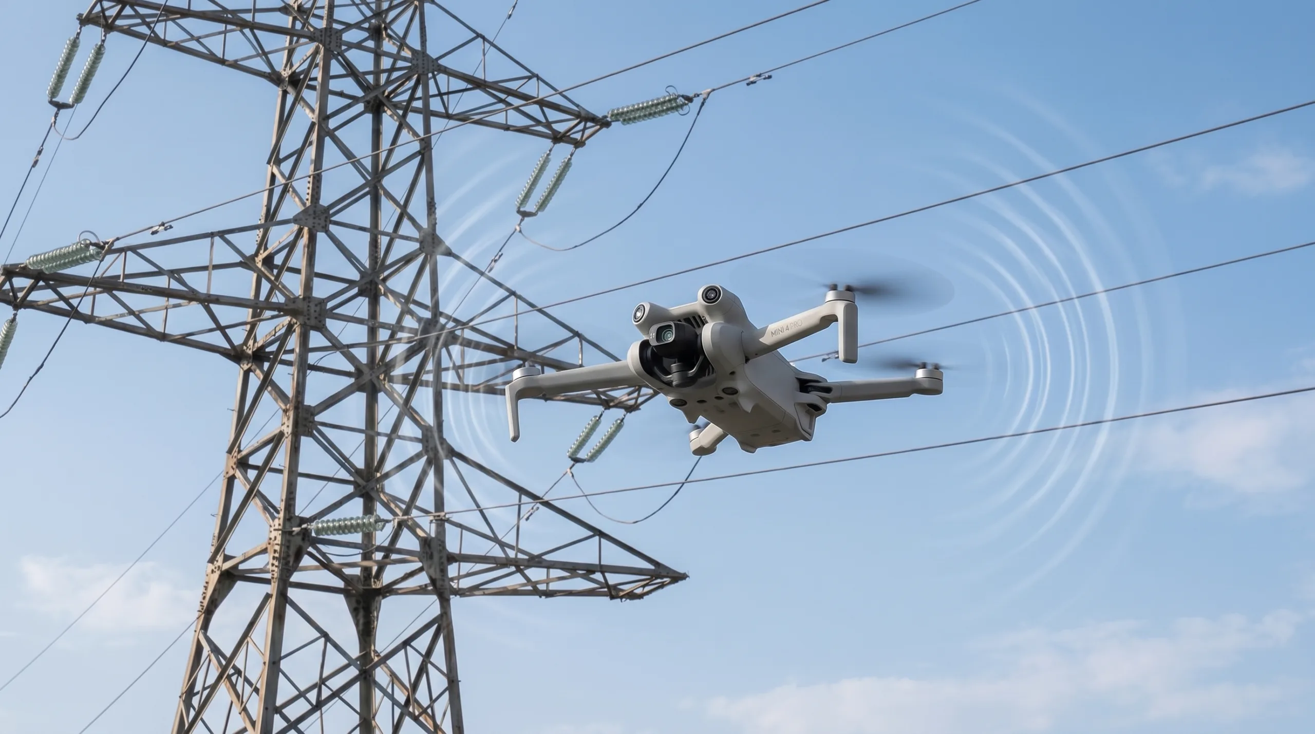 Drone perto de estrutura metalica e linhas de energia