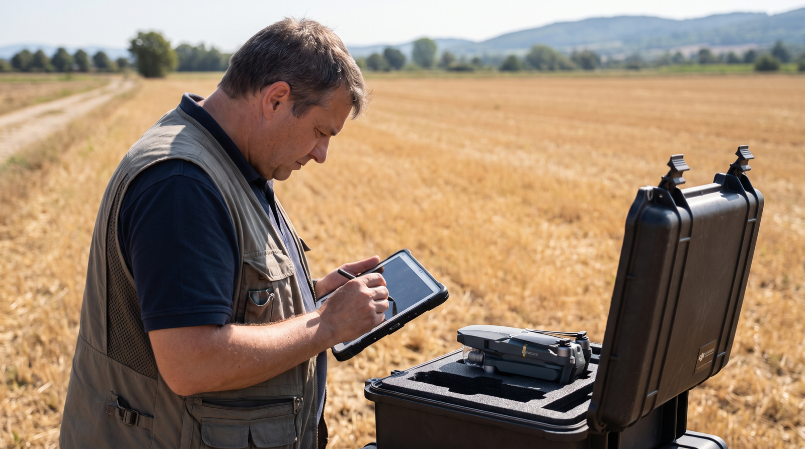 Piloto conferindo um checklist no tablet ao lado do drone no case, ilustrando as obrigacoes da categoria Aberta