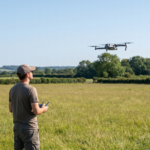 Piloto voando um drone pequeno em campo aberto e em linha de visada, ilustrando a categoria Aberta