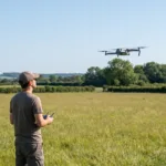 Piloto voando um drone pequeno em campo aberto e em linha de visada, ilustrando a categoria Aberta