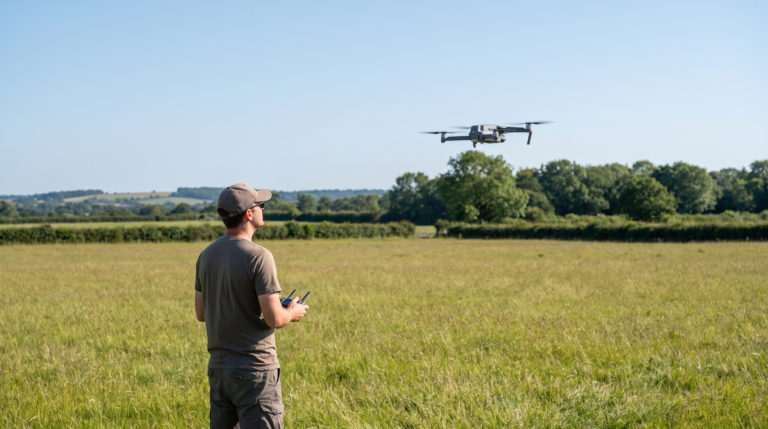 Piloto voando um drone pequeno em campo aberto e em linha de visada, ilustrando a categoria Aberta