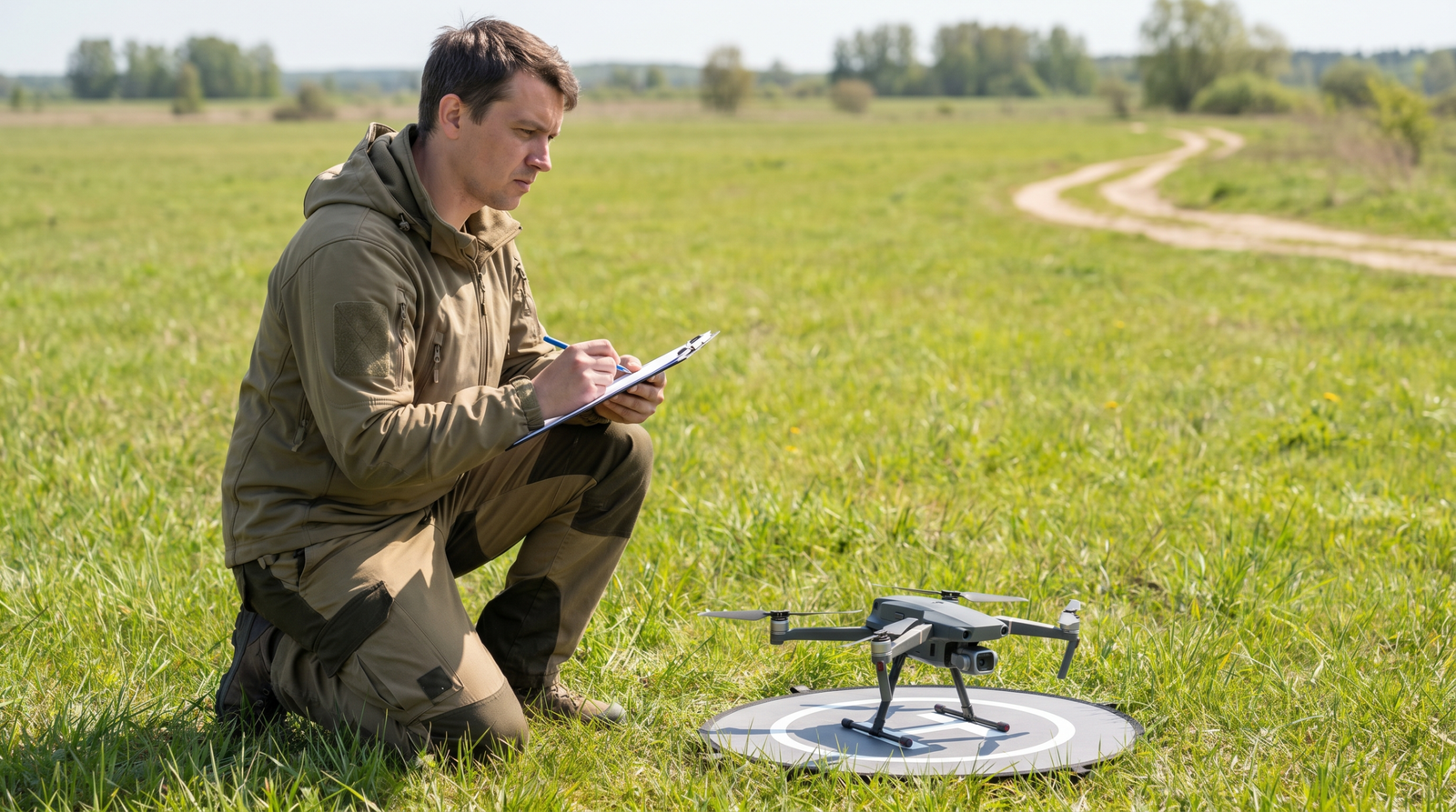 Operador fazendo checagem de seguranca ao lado do drone, representando a avaliacao de risco da categoria Especifica