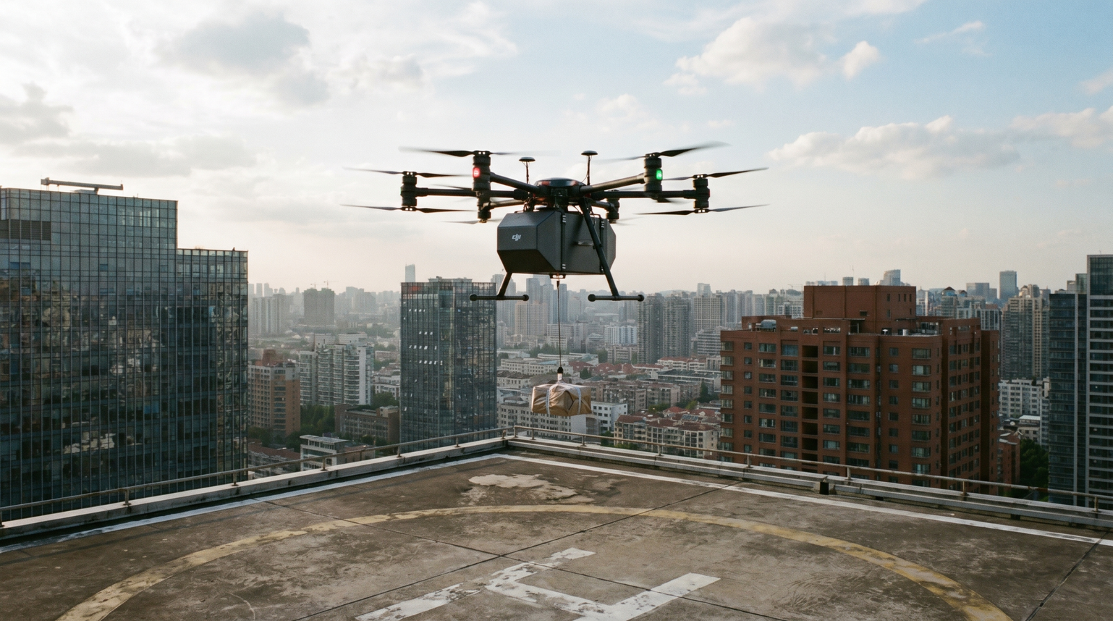 Grande drone de carga descendo para entregar um pacote sobre a cidade, operacao tipica da categoria certificada