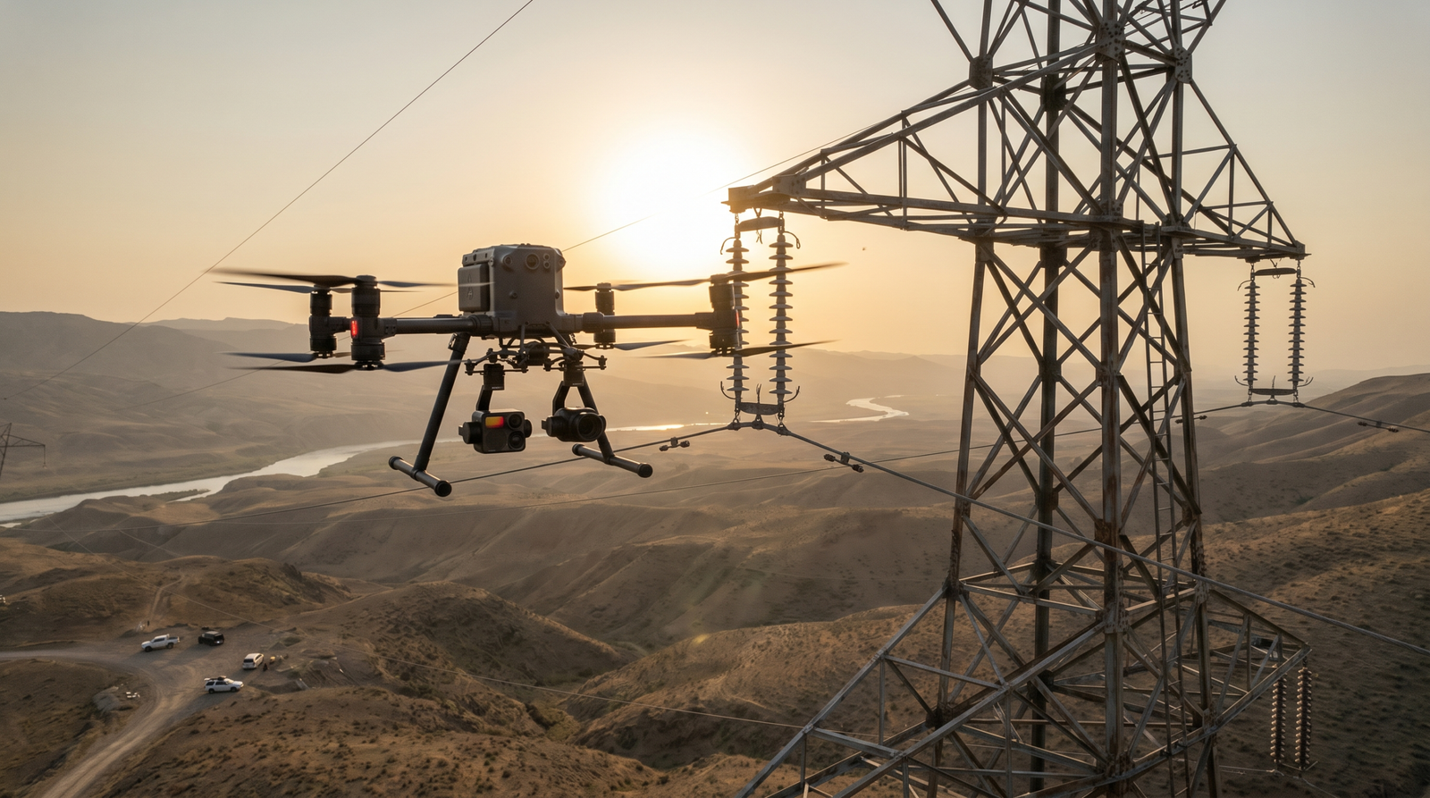 Drone profissional grande inspecionando uma torre de transmissao de energia de alta tensao