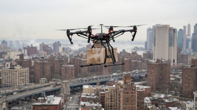 Drone avancado de carga sobrevoando area urbana com uma entrega, ilustrando a categoria certificada de alto risco