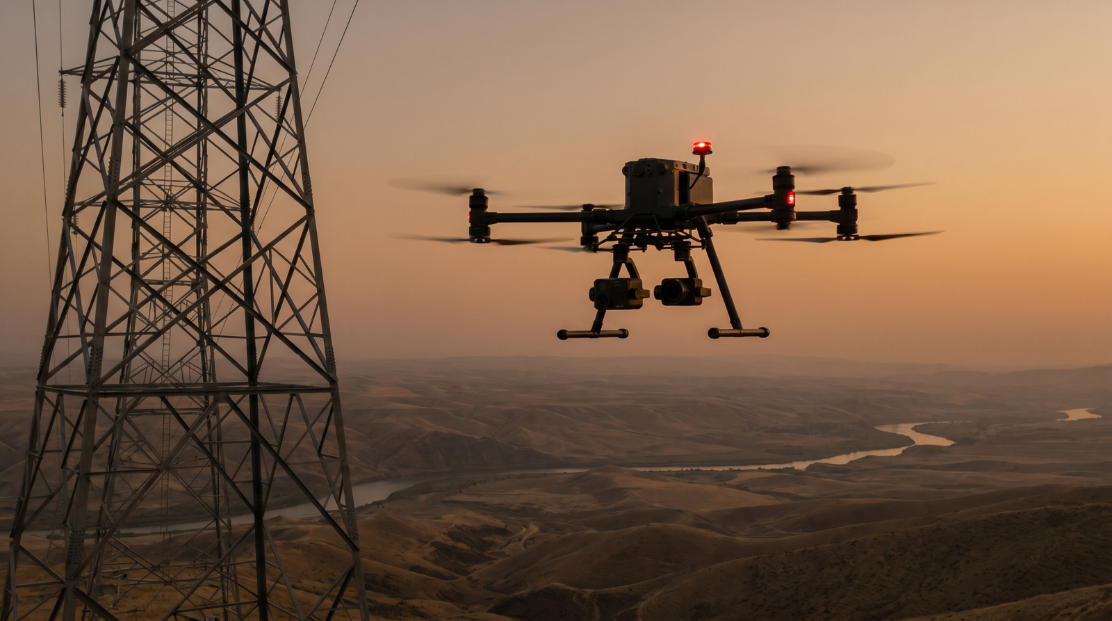 Drone profissional inspecionando uma torre alta de transmissao em operacao BVLOS de longo alcance