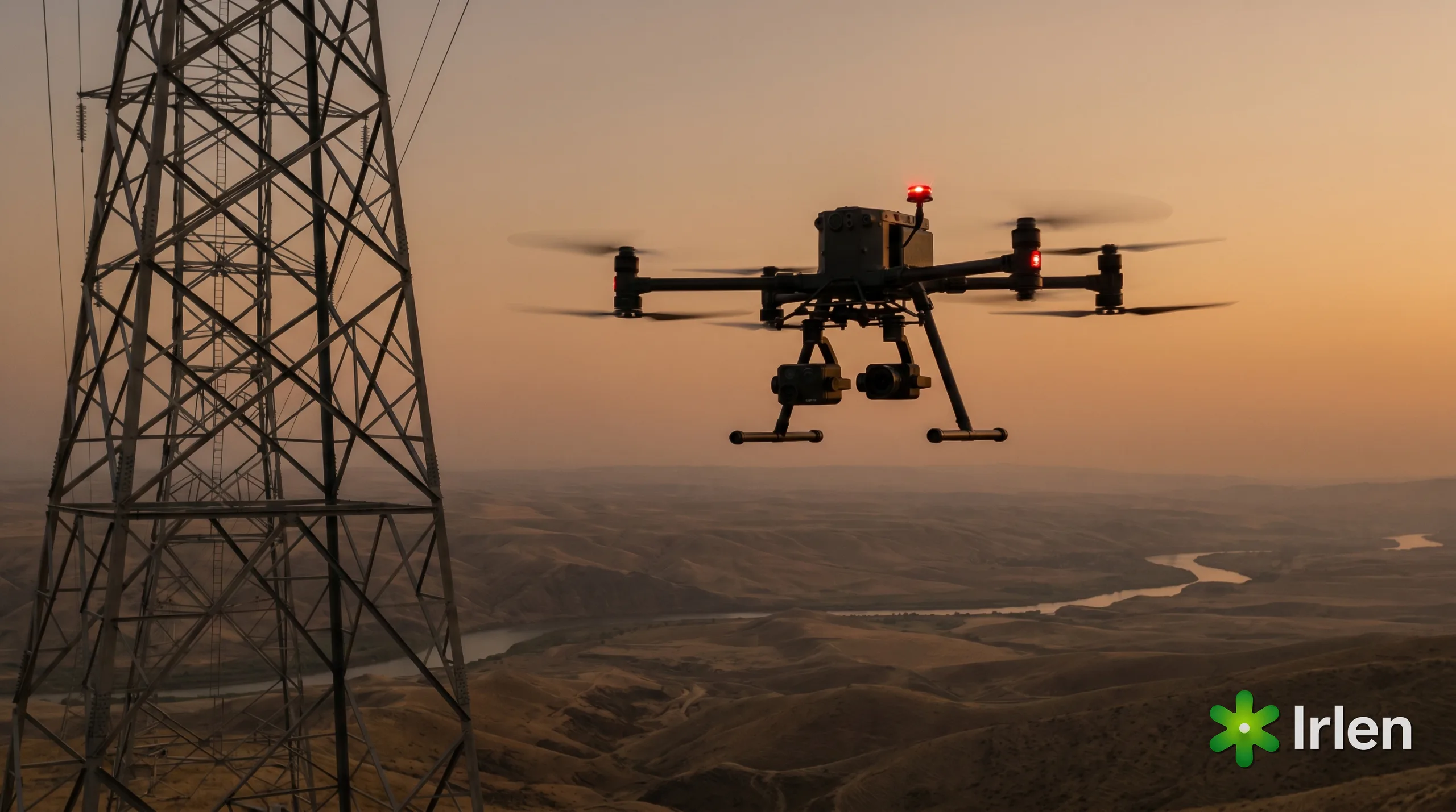 Drone profissional inspecionando uma torre alta de transmissao em operacao BVLOS de longo alcance