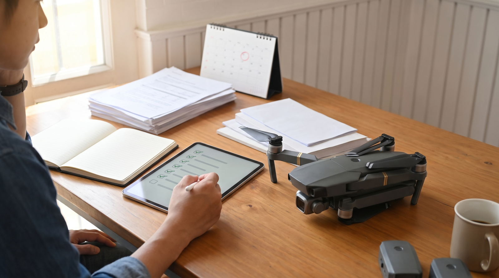 Piloto marcando itens de um checklist no tablet ao lado de um drone dobrado, preparando-se