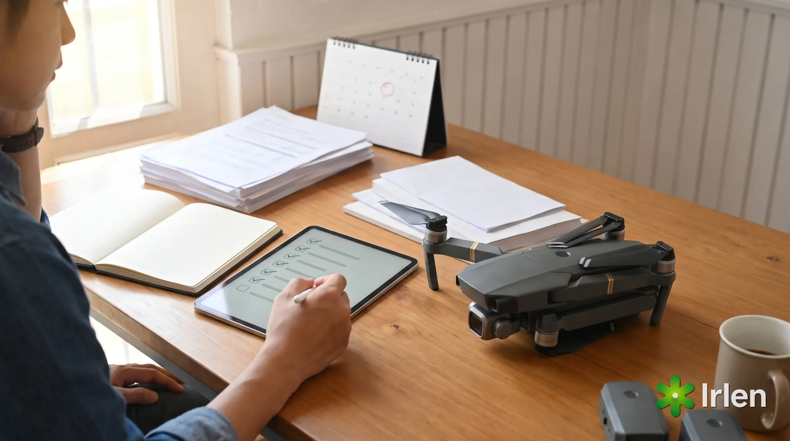Piloto marcando itens de um checklist no tablet ao lado de um drone dobrado, preparando-se