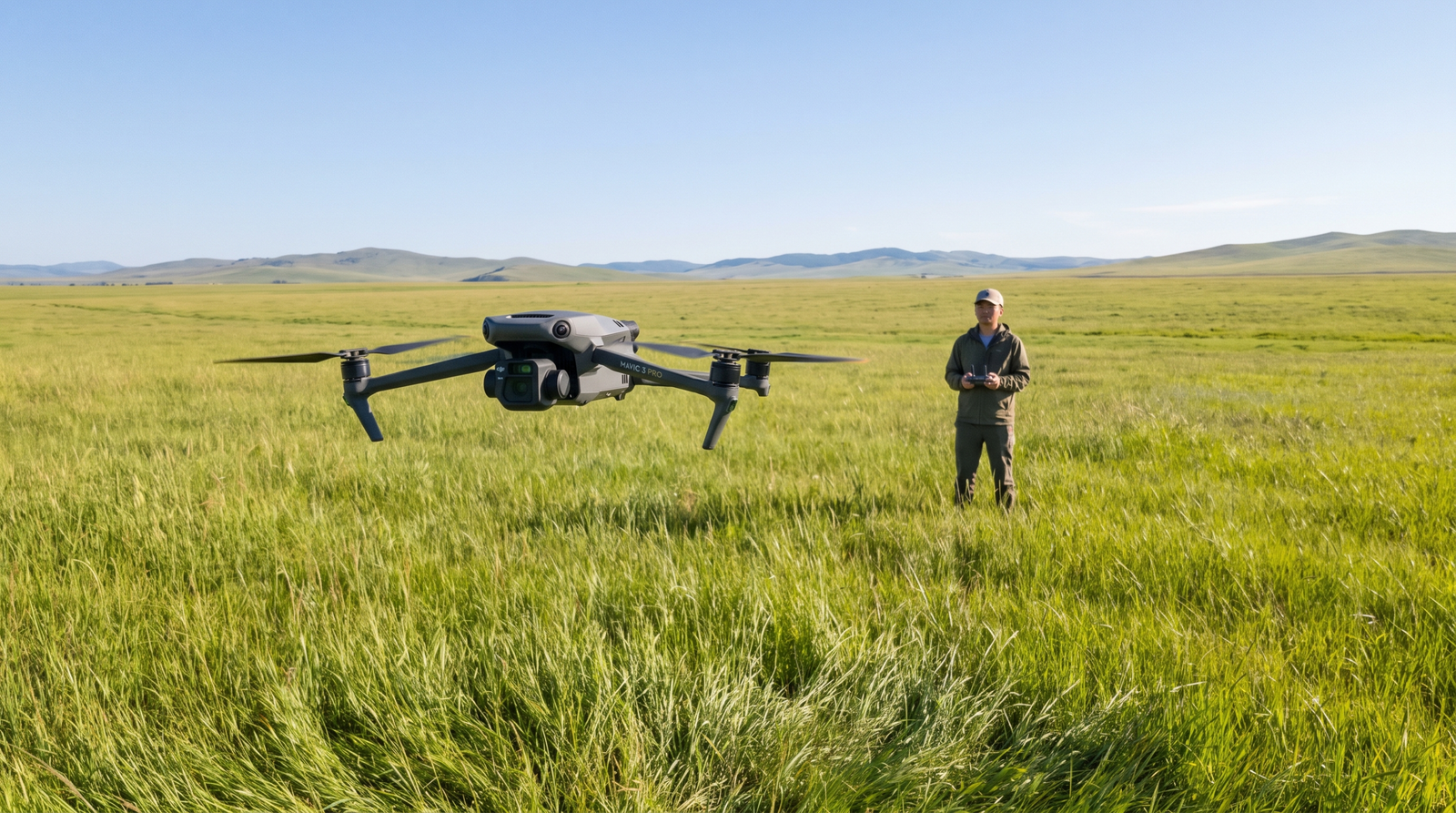 Drone voando baixo em campo aberto com o piloto mantendo a linha de visada, dentro das regras
