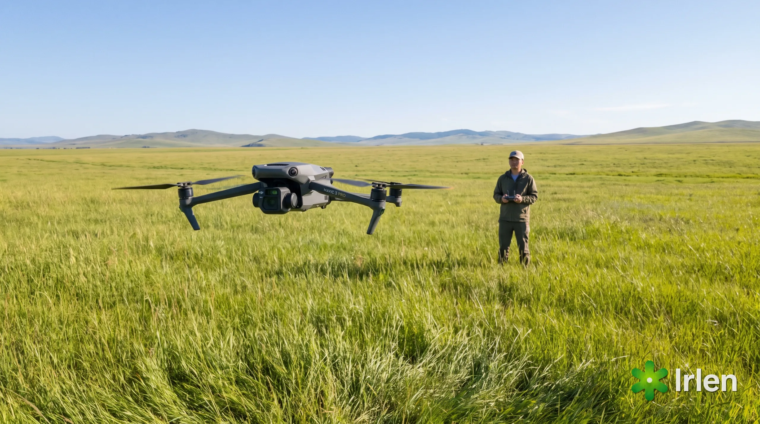 Drone voando baixo em campo aberto com o piloto mantendo a linha de visada, dentro das regras