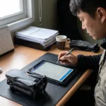 Piloto marcando itens de um checklist ao lado de um drone, preparando-se para a ICA 100-40