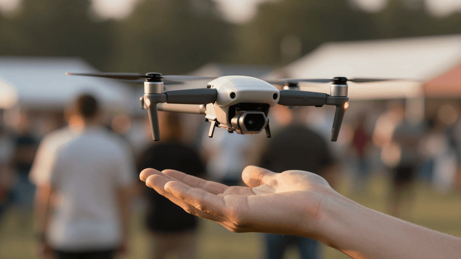 Drone decolando da mão de um piloto durante a cobertura de um evento ao ar livre