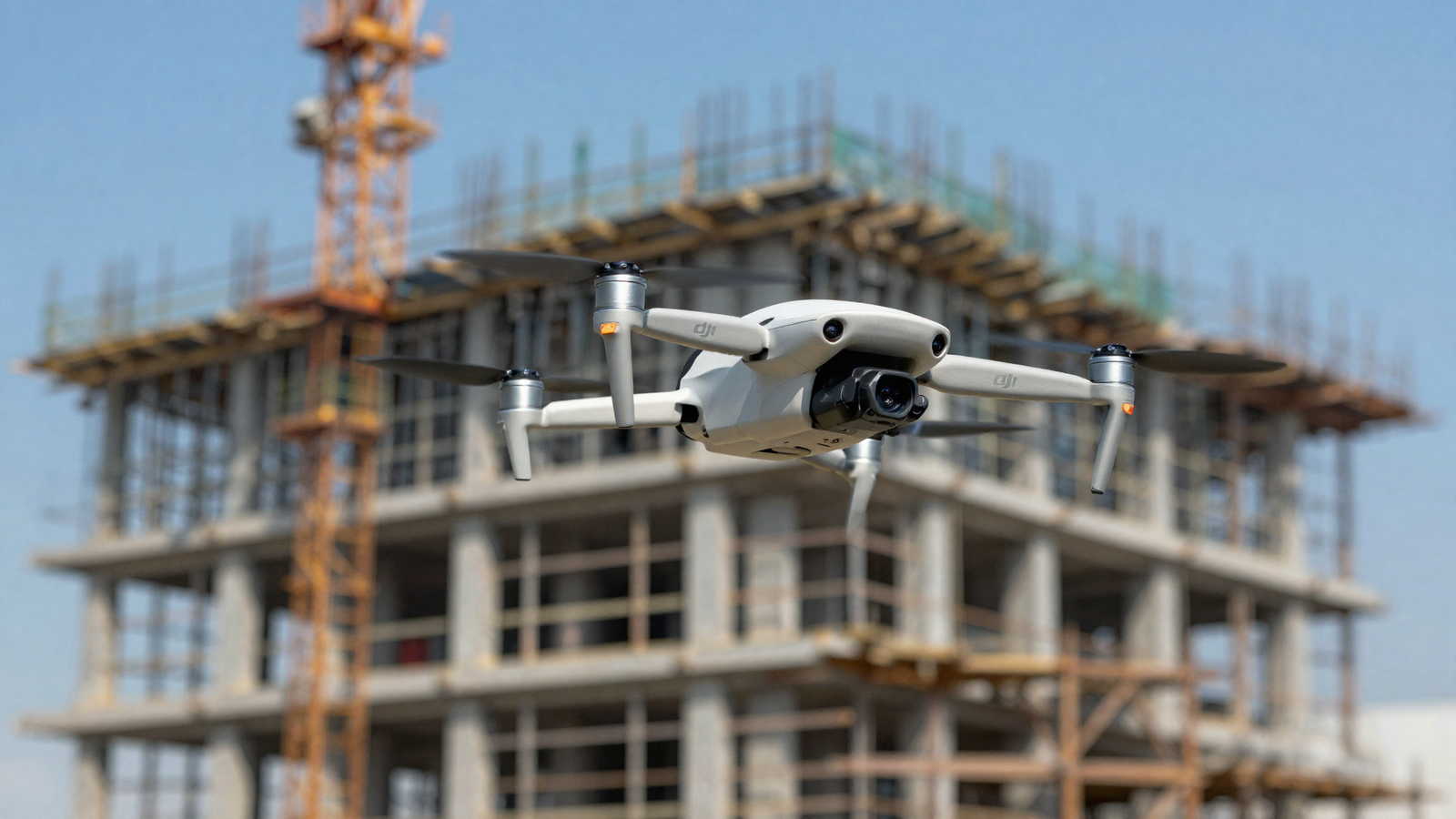 Operador profissional filmando uma obra em construção com drone DJI