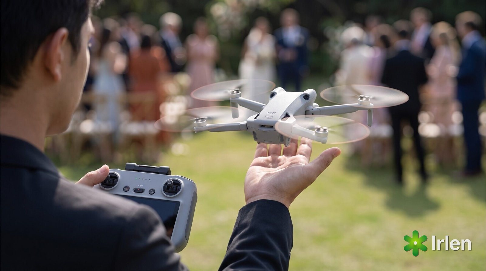 Drone DJI Mini 4 Pro decolando da mão do piloto em evento ao ar livre