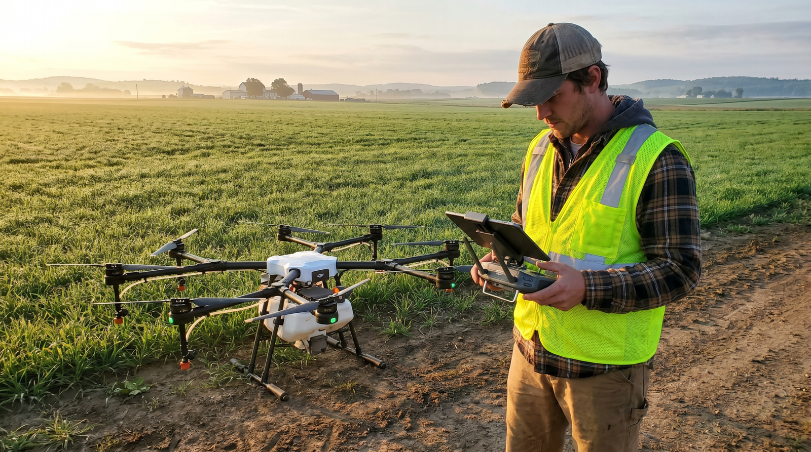 Piloto operando o controle ao lado de um drone agrícola na borda da lavoura