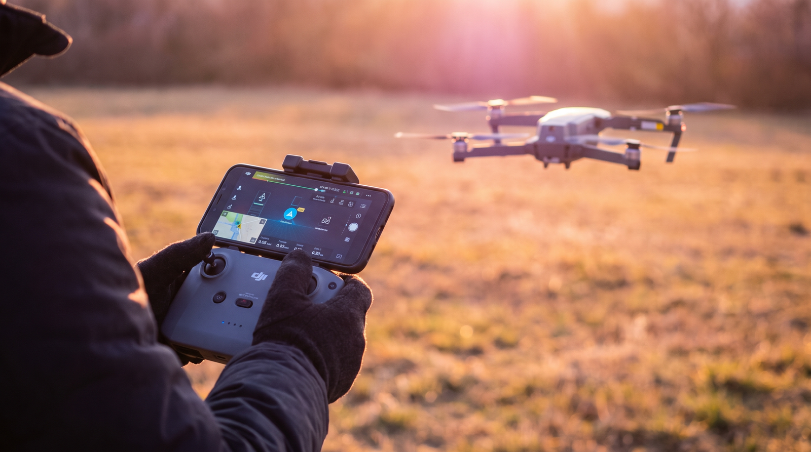 Maos no controle do drone com o app na tela ajustando configuracoes, drone DJI-style ao fundo