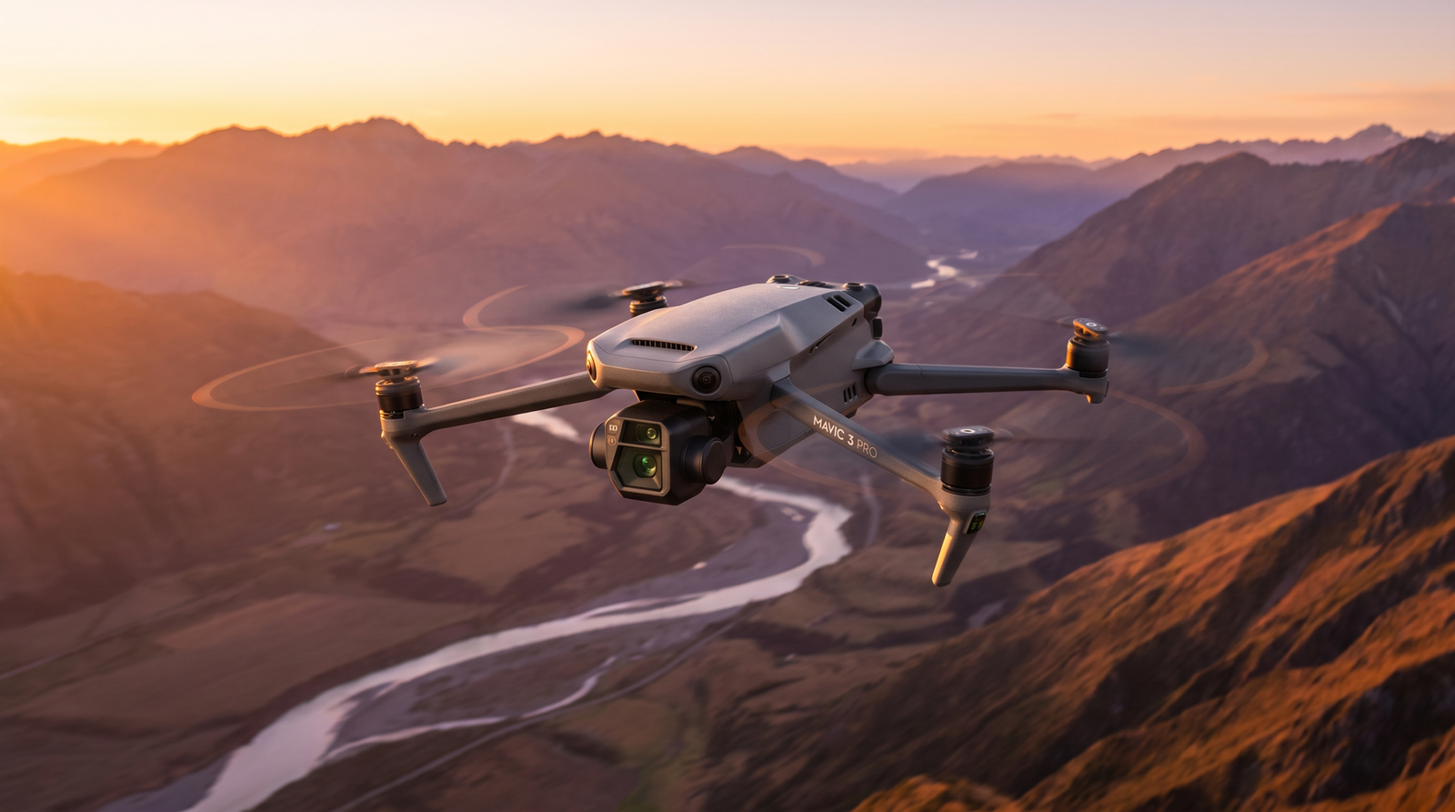 Drone DJI-style em tomada cinematografica suave ao entardecer sobre uma paisagem