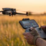 Maos no controle do drone com a tela de configuracoes do app, drone DJI-style ao fundo