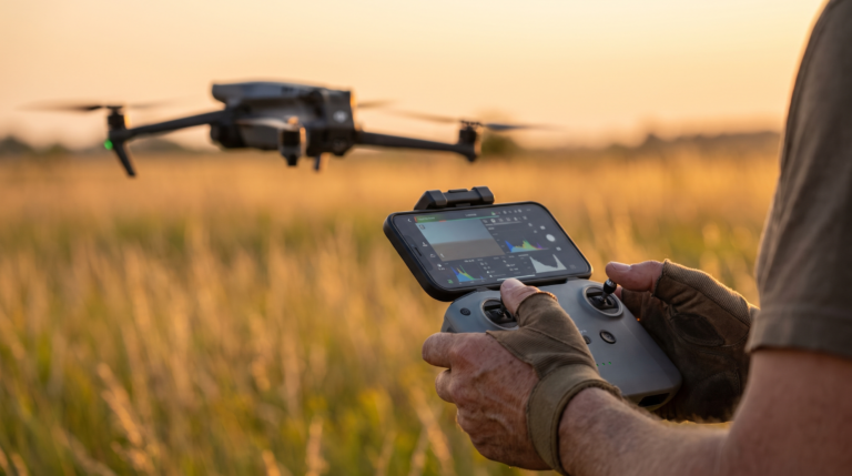 Maos no controle do drone com a tela de configuracoes do app, drone DJI-style ao fundo