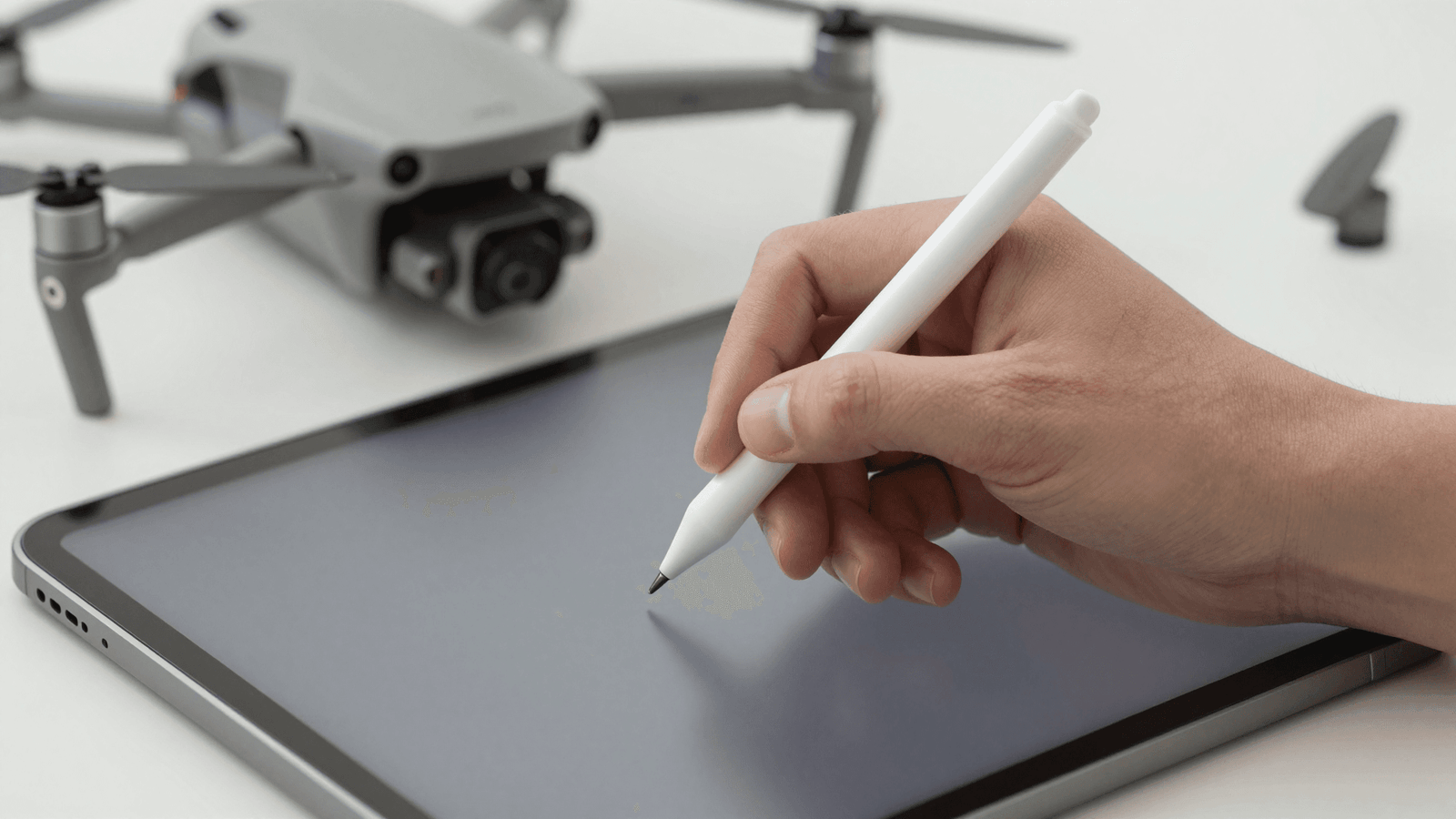 Mão assinando contrato em tablet com caneta digital, drone desfocado ao fundo