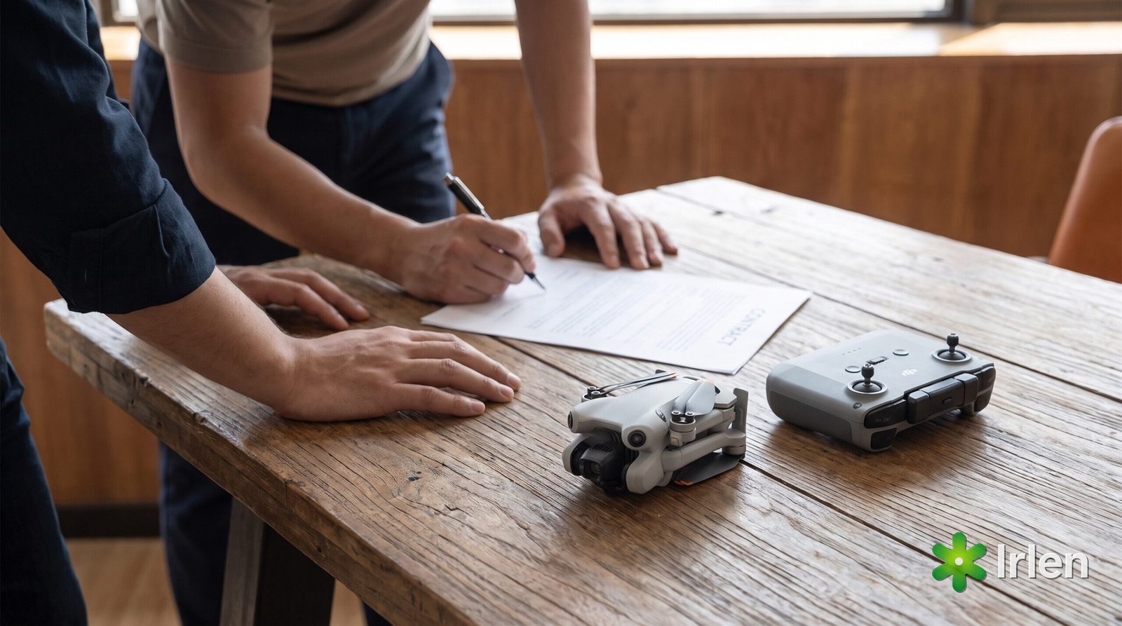 Piloto e cliente assinando o contrato de prestação de serviço, DJI Mini 4 Pro na mesa