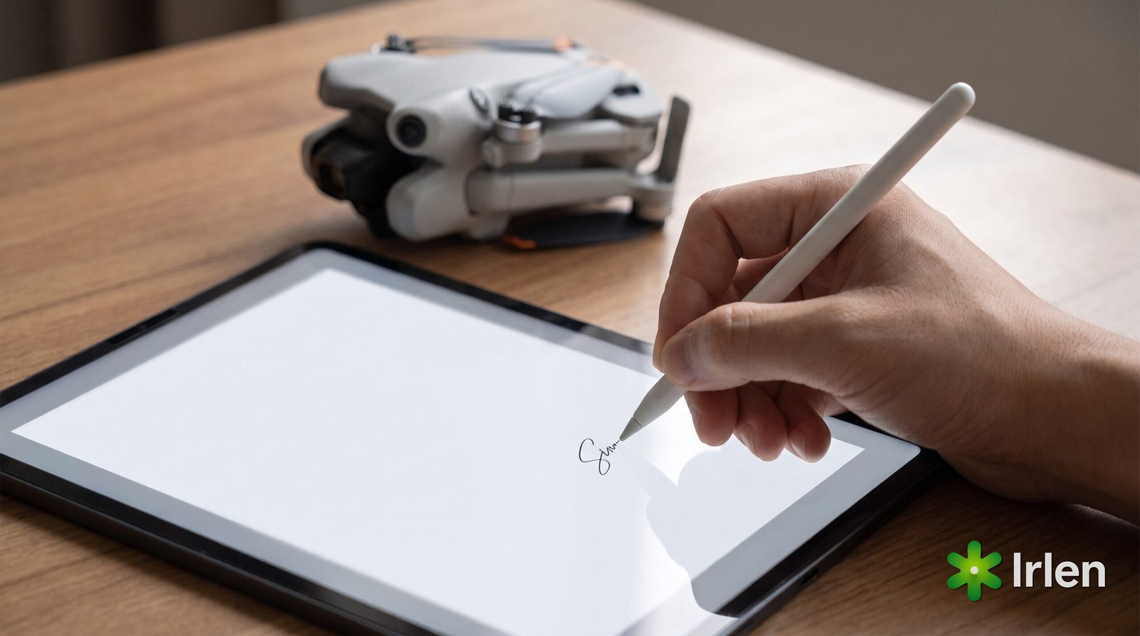 Assinatura digital do contrato em tablet com o drone ao fundo