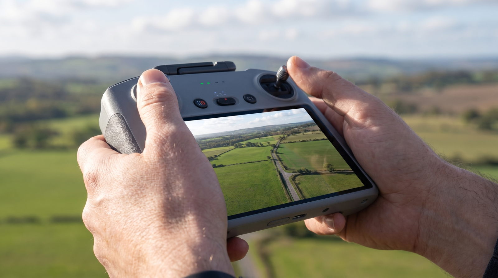 Maos segurando um controle de drone com tela embutida