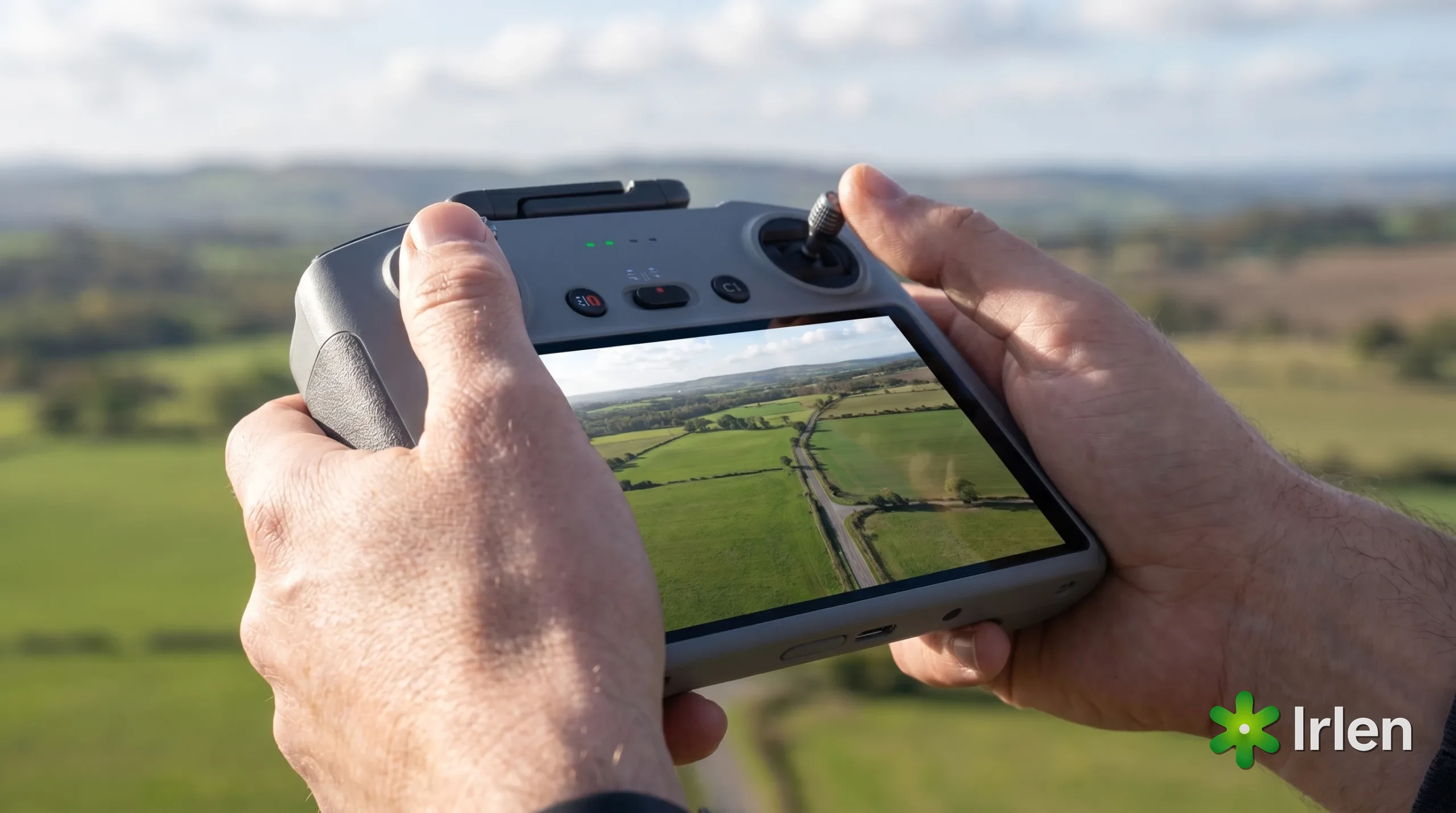 Maos segurando um controle de drone com tela embutida