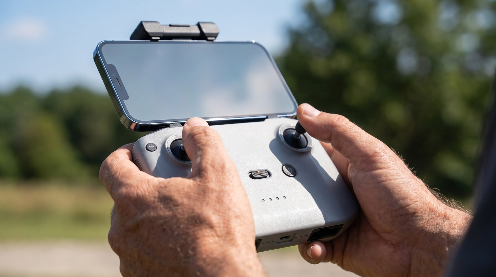 Controle sem tela (RC-N) com o celular encaixado em cima