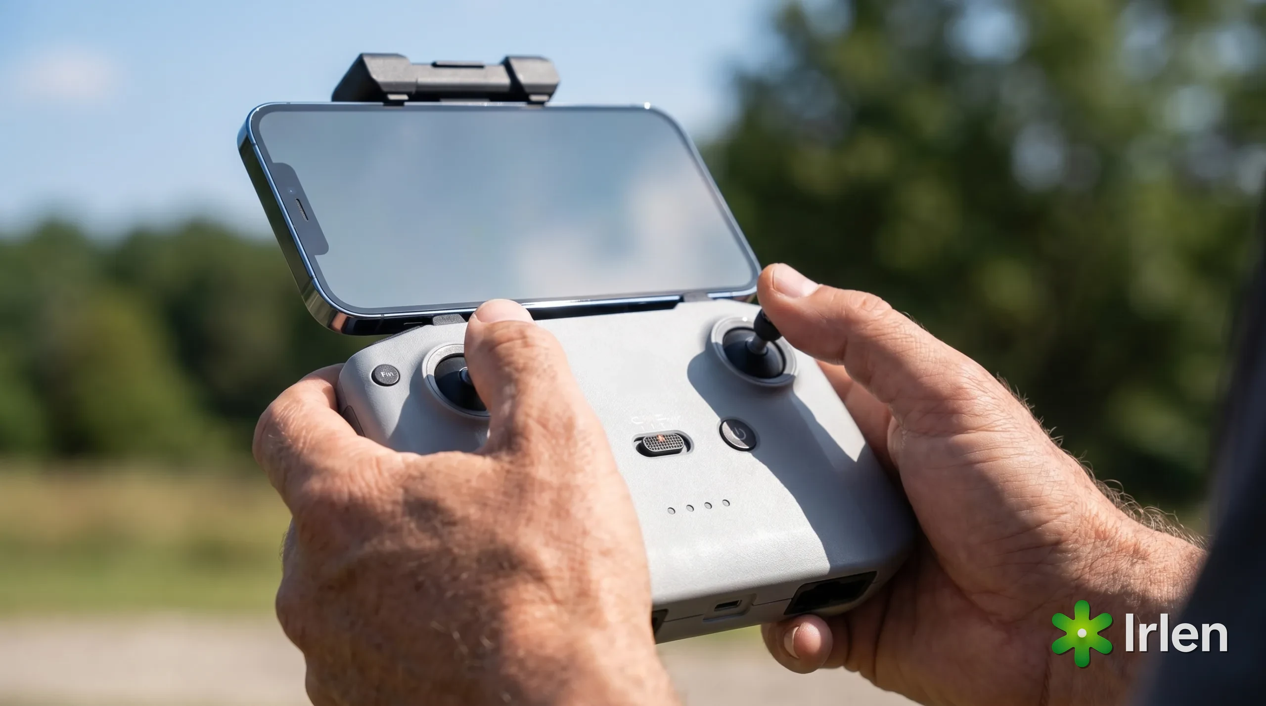 Controle sem tela (RC-N) com o celular encaixado em cima
