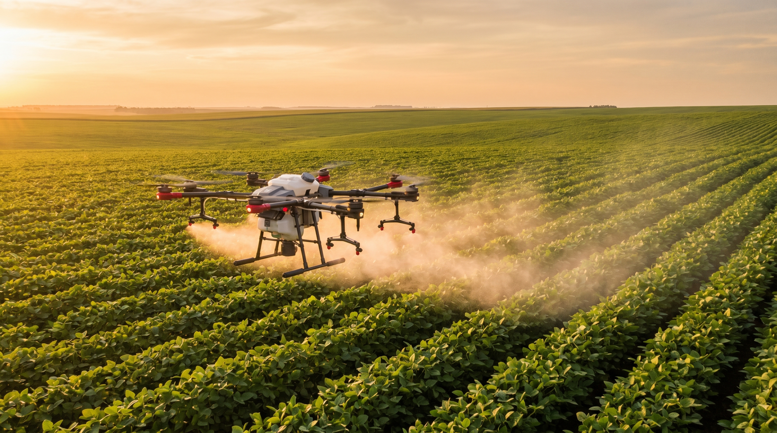 Drone agrícola pulverizando uma lavoura de soja em voo baixo ao entardecer