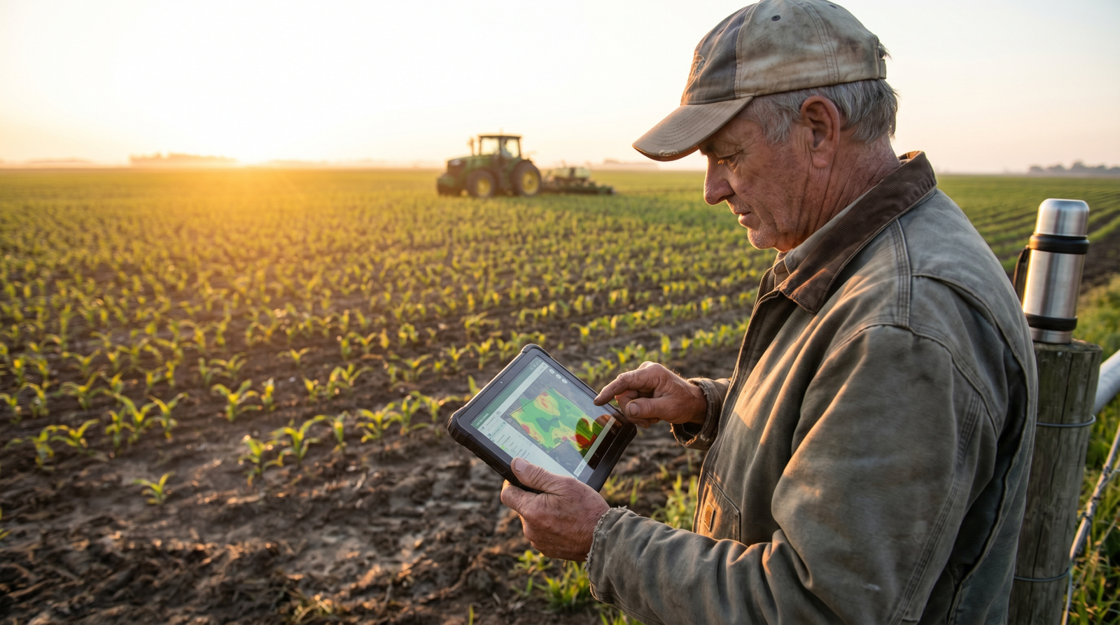 Produtor analisando a área da lavoura em um tablet na borda do campo