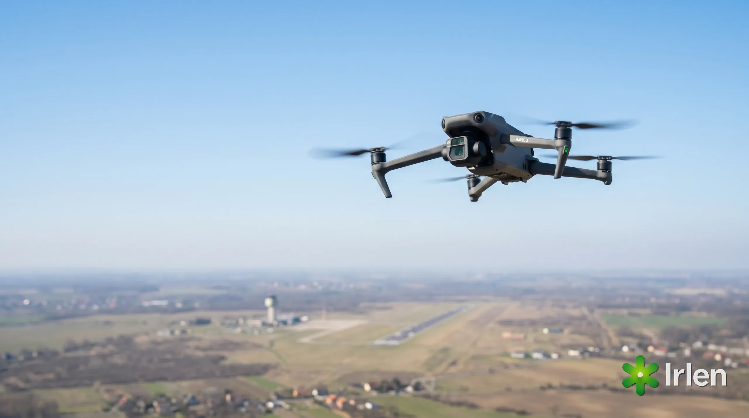 Drone pairando ao longe com a torre de controle e a pista de um aeroporto ao fundo