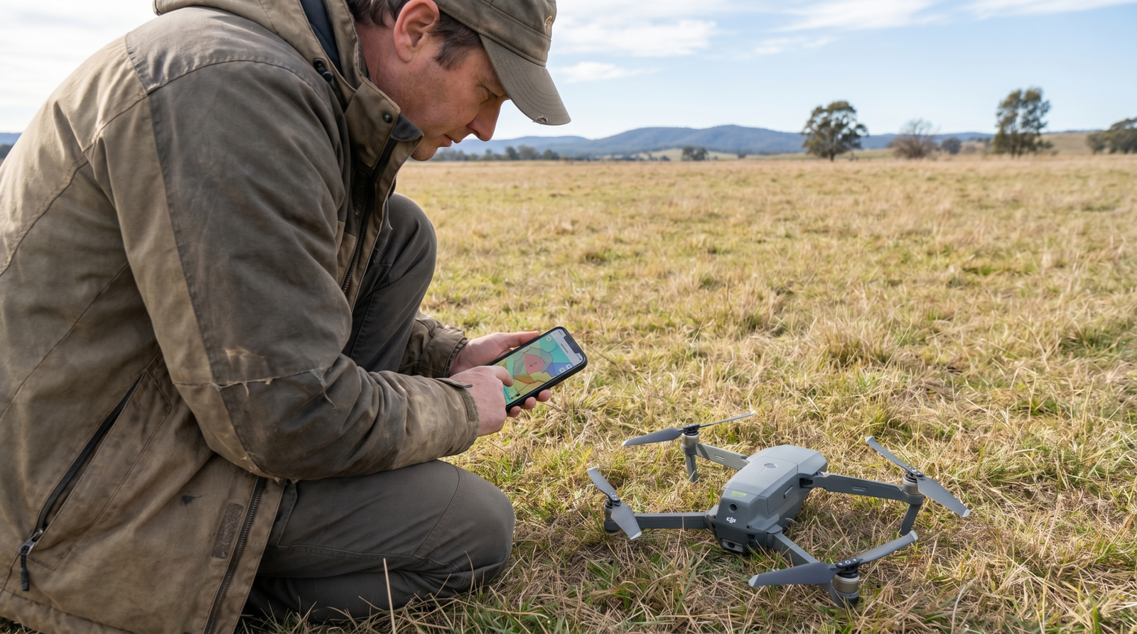 Piloto consultando o mapa de espaco aereo no celular antes de voar, com o drone ao lado