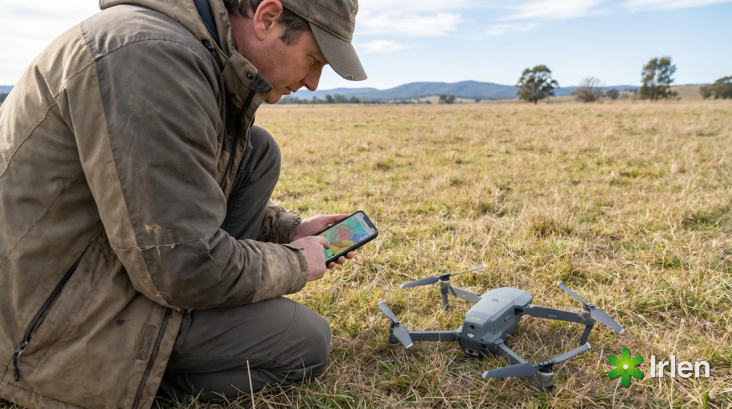 Piloto consultando o mapa de espaco aereo no celular antes de voar, com o drone ao lado