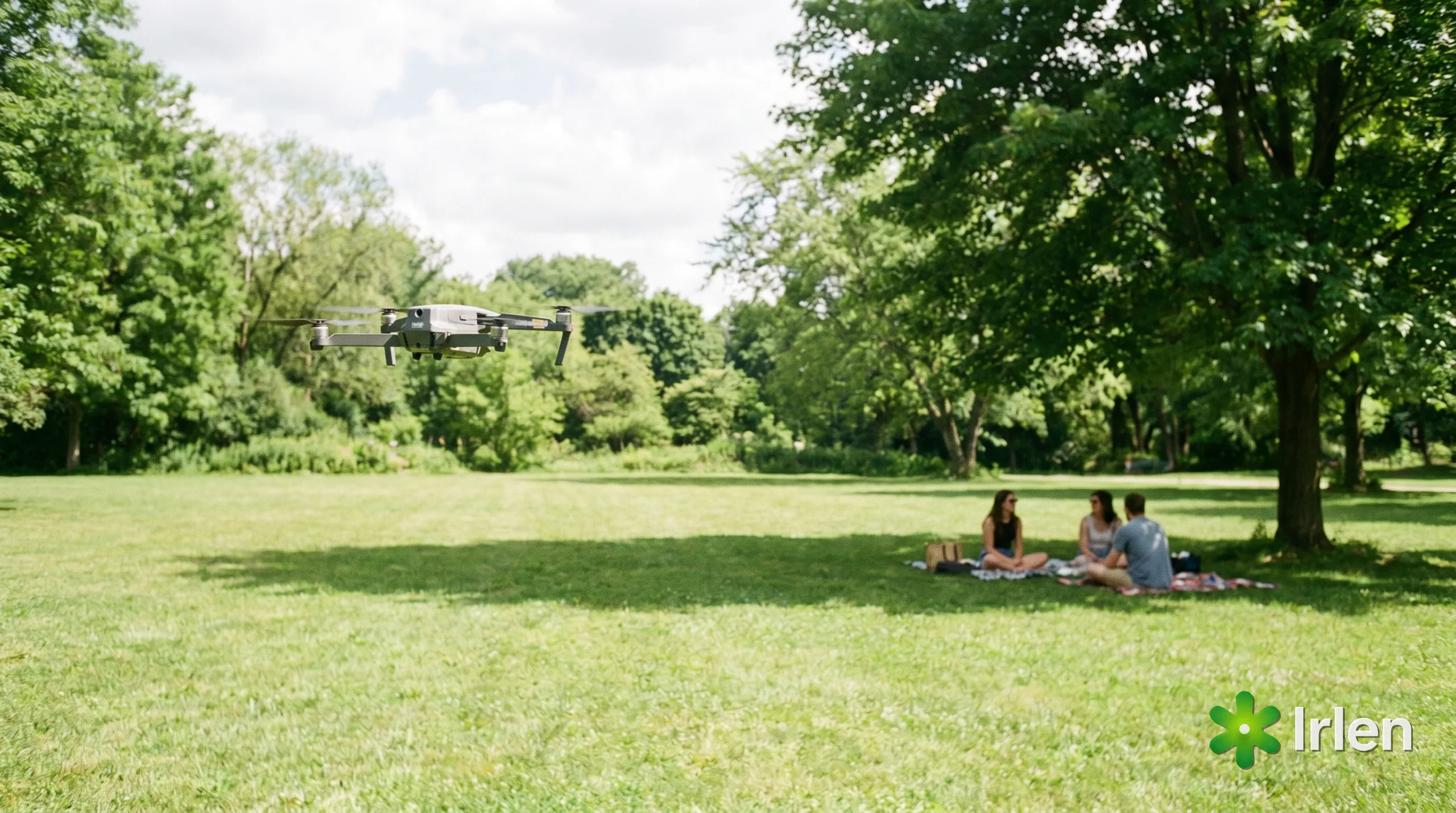 Drone pairando a uma distancia segura de um pequeno grupo de pessoas num parque