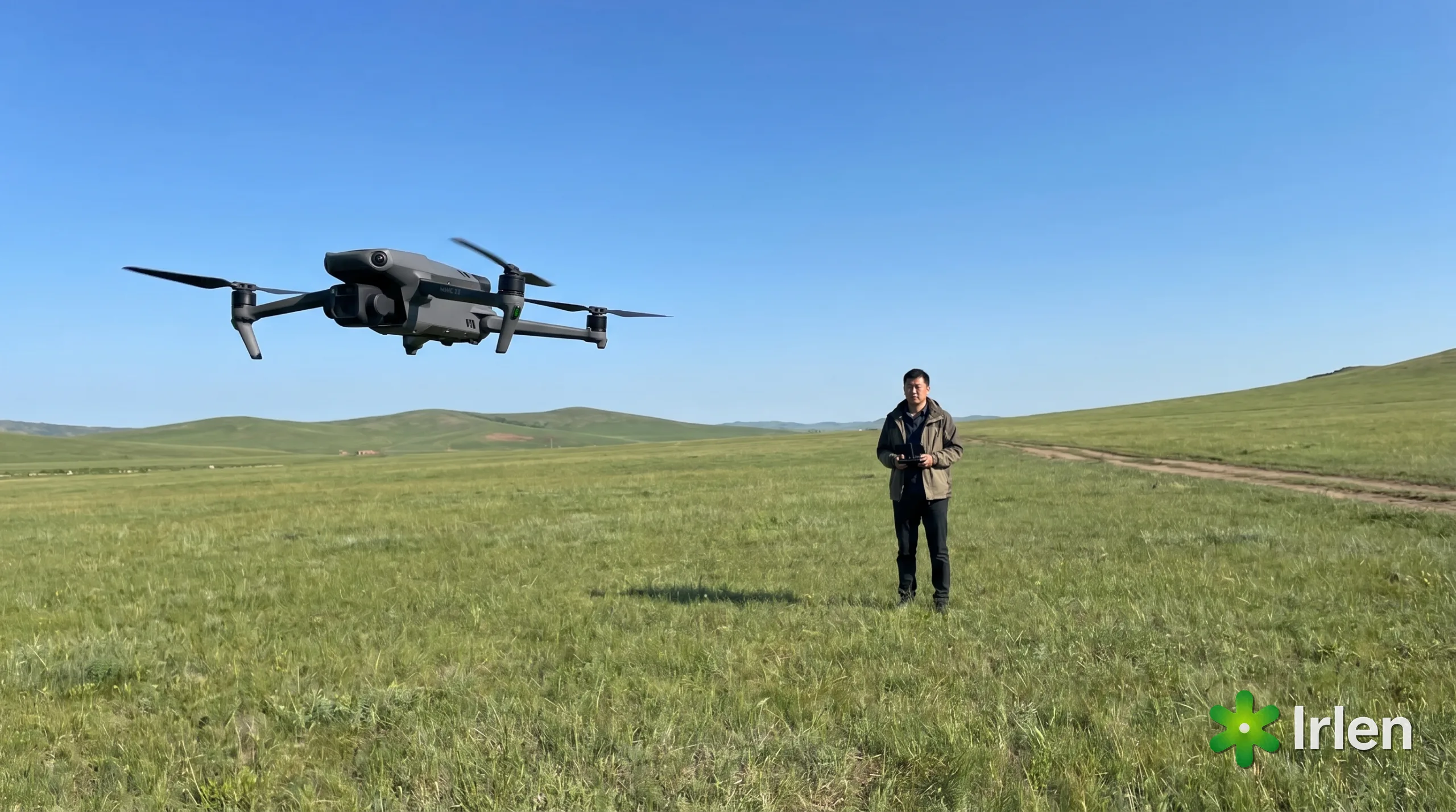 Drone voando ao lado de uma pessoa num campo aberto, com distancia lateral visivel