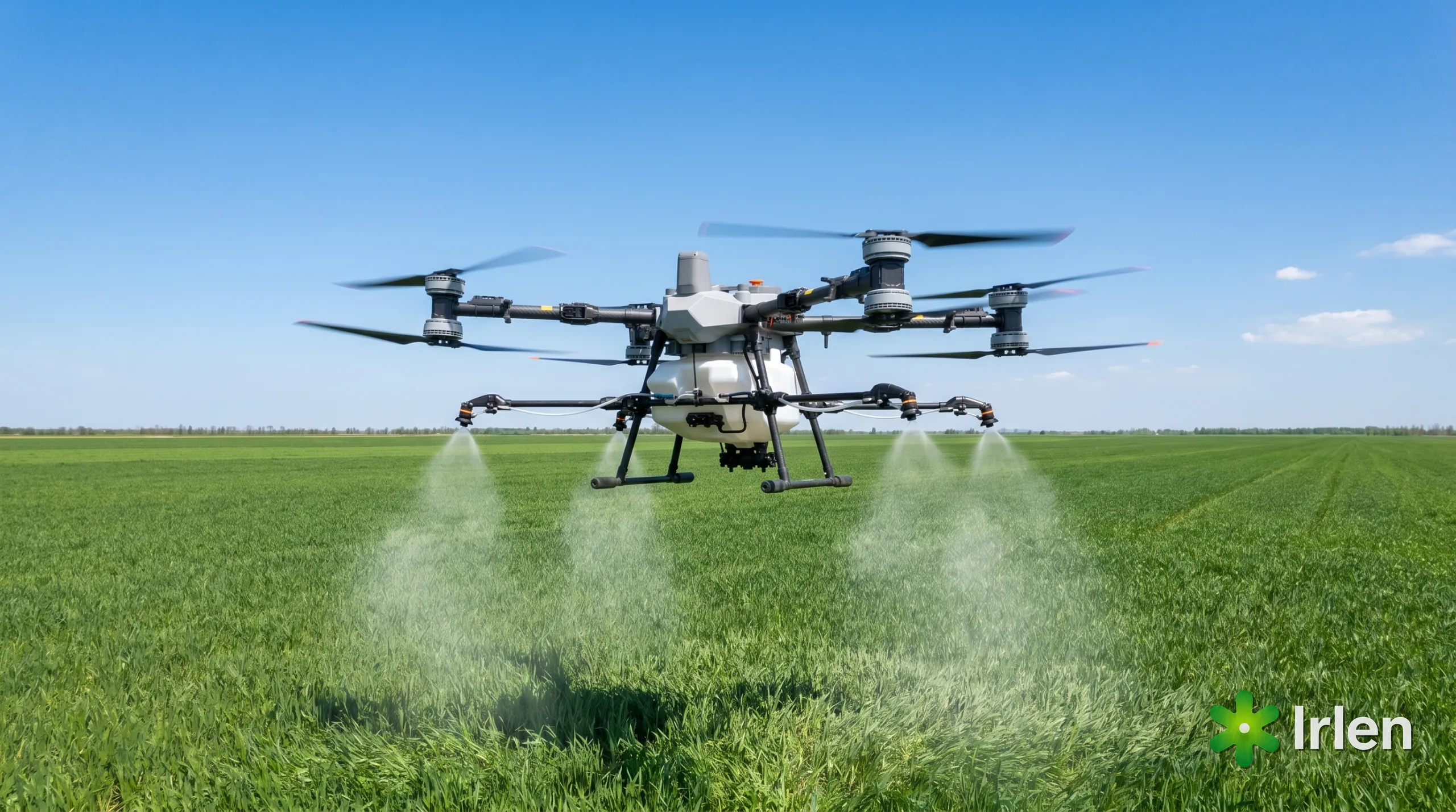 DJI Agras T50 em voo pulverizando uma grande lavoura