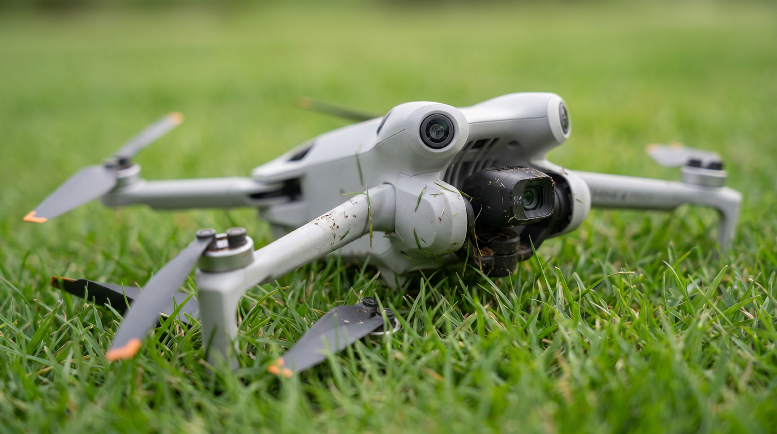 Drone de consumo caido na grama com uma helice quebrada