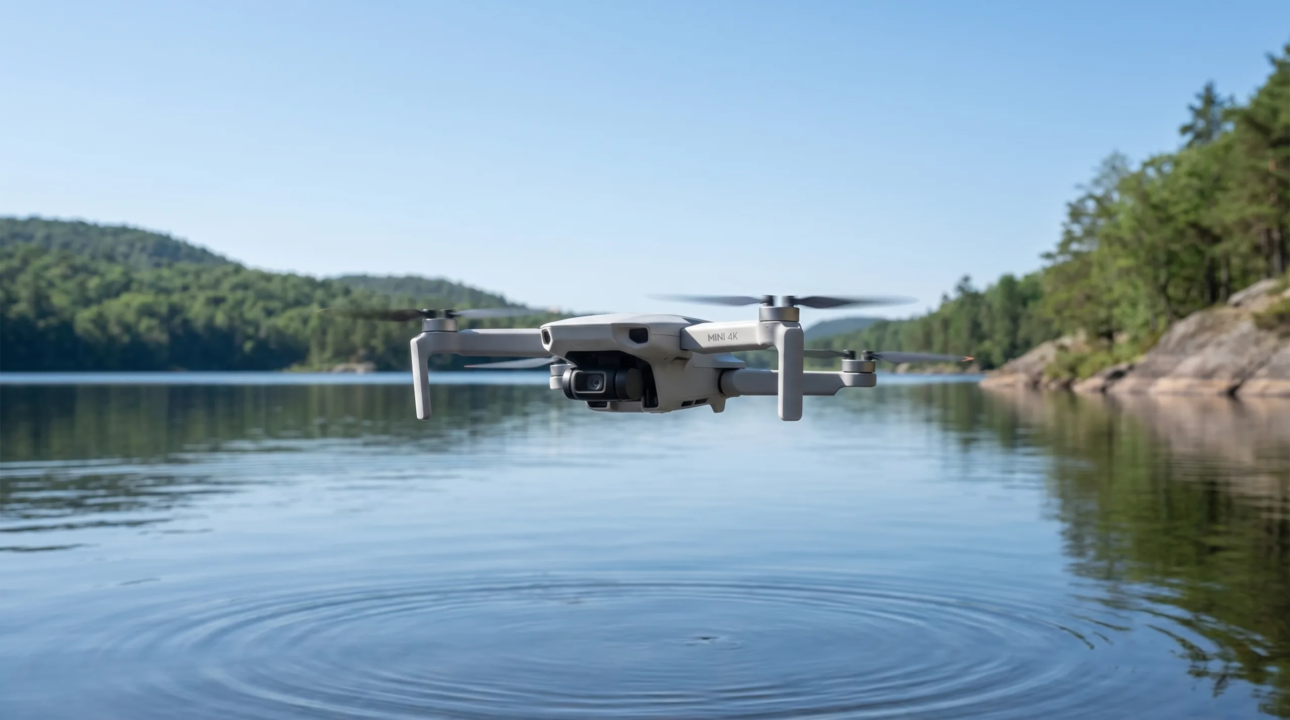 DJI Mini 4K pairando sobre um lago