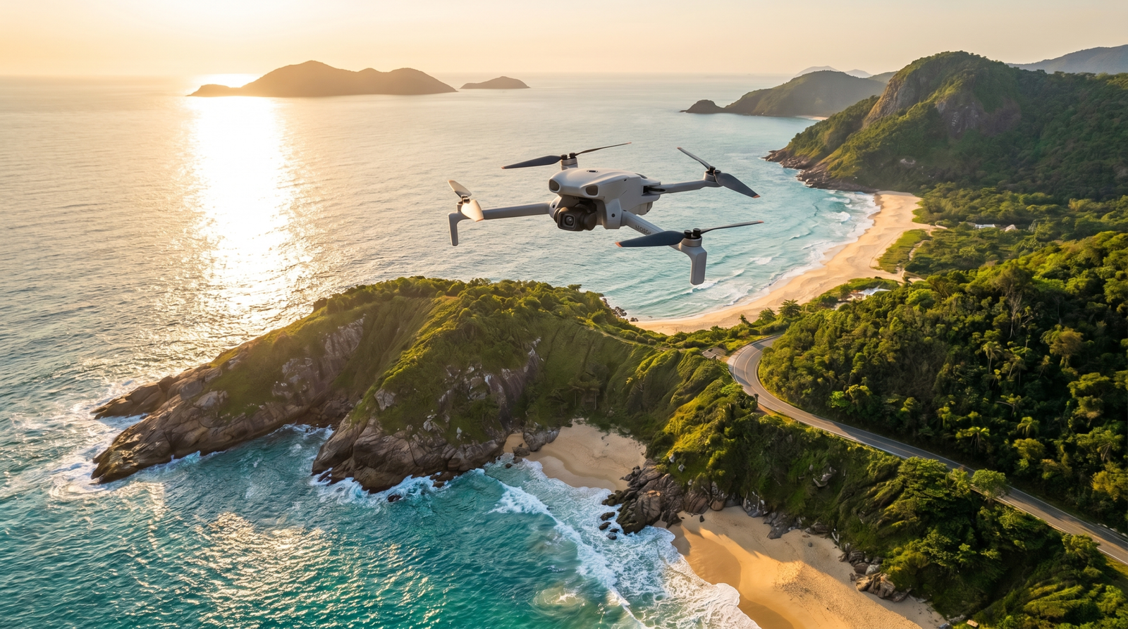 DJI Lito X1 em voo sobre o litoral ao entardecer